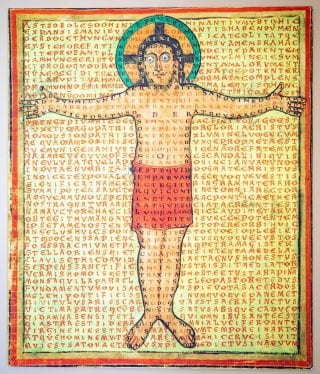 Reproduction of a page from a Carolingian manuscript, adorned with google eyes.