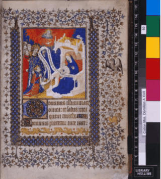 Image of an illuminated manuscript page featuring the Baby Jesus and Virgin Mary before a king. 