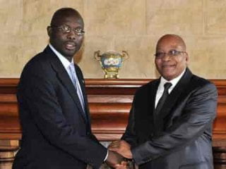 After ending his football career, George Weah entered politics. Here he meets South African President Jacob Zuma in 2012.