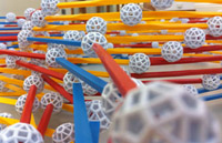 red, yellow and blue sticks are joined by white balls.
