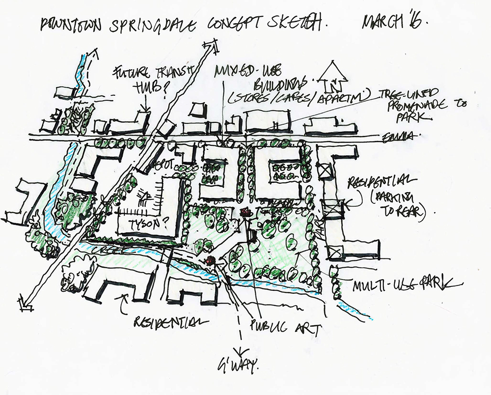Sketched plan for downtown Springdale. 